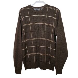 Oscar De LaRenta Brown Plaid Crew Neck Knit‎ Sweater Fall 2012 Men Sz L